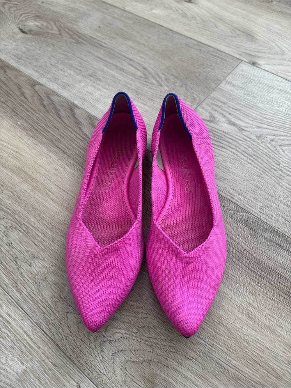 Rothy's Pointed Knit Flats in Hot Pink with Blue Trim